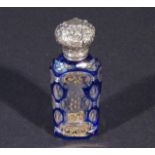 Antique glass perfume bottle, 19th century, with silver stopper, 835, wear and tear to the gilding,