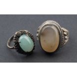 Sterling silver ring, set with jade, ring size 17 3/4 + Silver ring, 800, set with quartz, ring