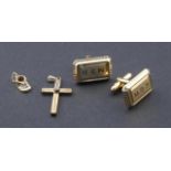 2 doublé cufflinks + gold pendant in the shape of a shoe with zircon, 14 krt. + doublé cross as