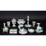 Green Herend porcelain, consisting of: candlestick + crumb holder + cream pot with handle + 2