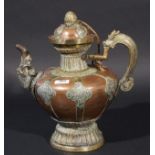 Ceremonial teapot, Tibet, red and yellow copper, 19th/20th century, h. 32 cm, Provenance: