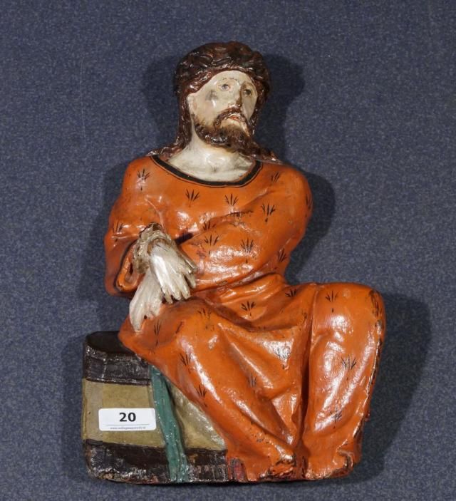 Polychrome wooden Christ on the cold stone, Southern Europe, 18th century, h. 29 cm, polychromy of
