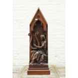 Neo gothic oak sculpture, Saint Cecilia, appr. 1850, h. sculpture 56,5 cm and h. arch 109 cm (2x)