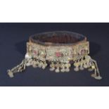 Fabric head dress with metal, Middle-East, diam. 20 cm, decorated with glass and enamel, wear and