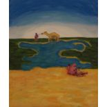 Abdul Fatah Masud (1949, Ghazani, Afghanistan), acrylic paint on canvas, Camel in the desert, dim.