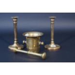 Pair of bronze candlesticks, 19th century, h. 14 cm + Bronze pestle and mortar, 20th century, h. 12