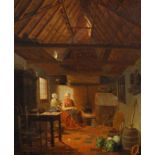 B.C. Cralberg (?), oil on canvas, 19th century, Interior with farmer's wife and daughter, sig. b.