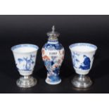 Chinese porcelain miniature vase with Dutch silver stopper, h. 15 cm + 2 Chinese porcelain tea