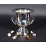 Silver-plated wine cooler, Saracen silverware, with inscription, h. 25,5 cm + 4 silver-plated