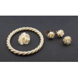 Ivory bracelet, diam. 6,5 cm + Ivory pendant shaped as a flower + Yellow gold ring, ring size 17,