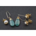 3 pair of earrings, 2 x set with pearl, 14 krt. and 1 x set with quartz, base metal (3x) 27.00 %