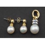 Bicolour gold clip pendant, set with pearl and 21 brilliant cut diamonds + yellow gold earrings, 14