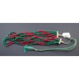 Necklace, 7 rows, with red and green quartz, lenght from 50 to 90 cm. 27.00 % buyer's premium on