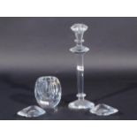 Glass candlestick, h. 29 cm + Val Saint Lambert vase, h. 11 cm + 2 glass dishes, l. 8 cm. (4x) 27.