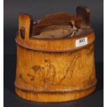 Chinese wooden painted storage pot, bamboo, 19th/20th century, engraved with Chinese characters and