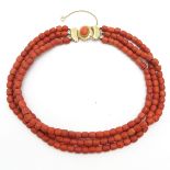 19th Century 3 Strand Red Coral Necklace on 14KG Clasp