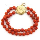 Double Strand Red Coral Necklace on 14KG Clasp