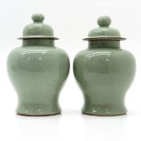 Lot of 2 China Porcelain Celadon Lidded Vases