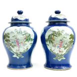 2 China Porcelain Famille Verte Decor Lidded Vases