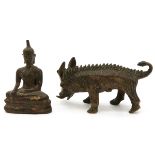 Lot of 2 Sculptures Depicting Boar and Buddha