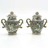 Pair of China Porcelain Famille Verte Decor Lidded Pots