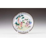 A saucer Polychrome enamel on copper depicting figures in a garden China, late 18th, early 19th