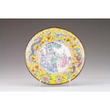 A saucer Polychrome enamel on yellow metal depicting ritual with Oriental figures at the centre Tab