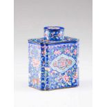 A tea caddy with cover Enamel on yellow metal Polychrome decoration on blue ground, depicting