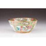 A punch bowl Chinese porcelain Polychrome and gilt Mandarin decoration Cartouches depicting Chinese