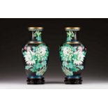 A pair of vases Cloisonné metal Polychrome decoration with flowers and butterflies China (bruise)