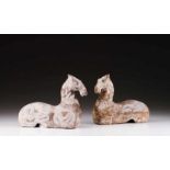 Two horses Terracotta sculptures with traces of white and brown polychromy Possibly Tang dynasty