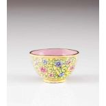 A bowl Polychrome enamel on copper Decorated with flowers 4x6,5 cm