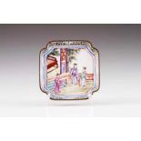 A small square saucer Polychrome enamel on copper Centre depicting oriental scene Tab decorated