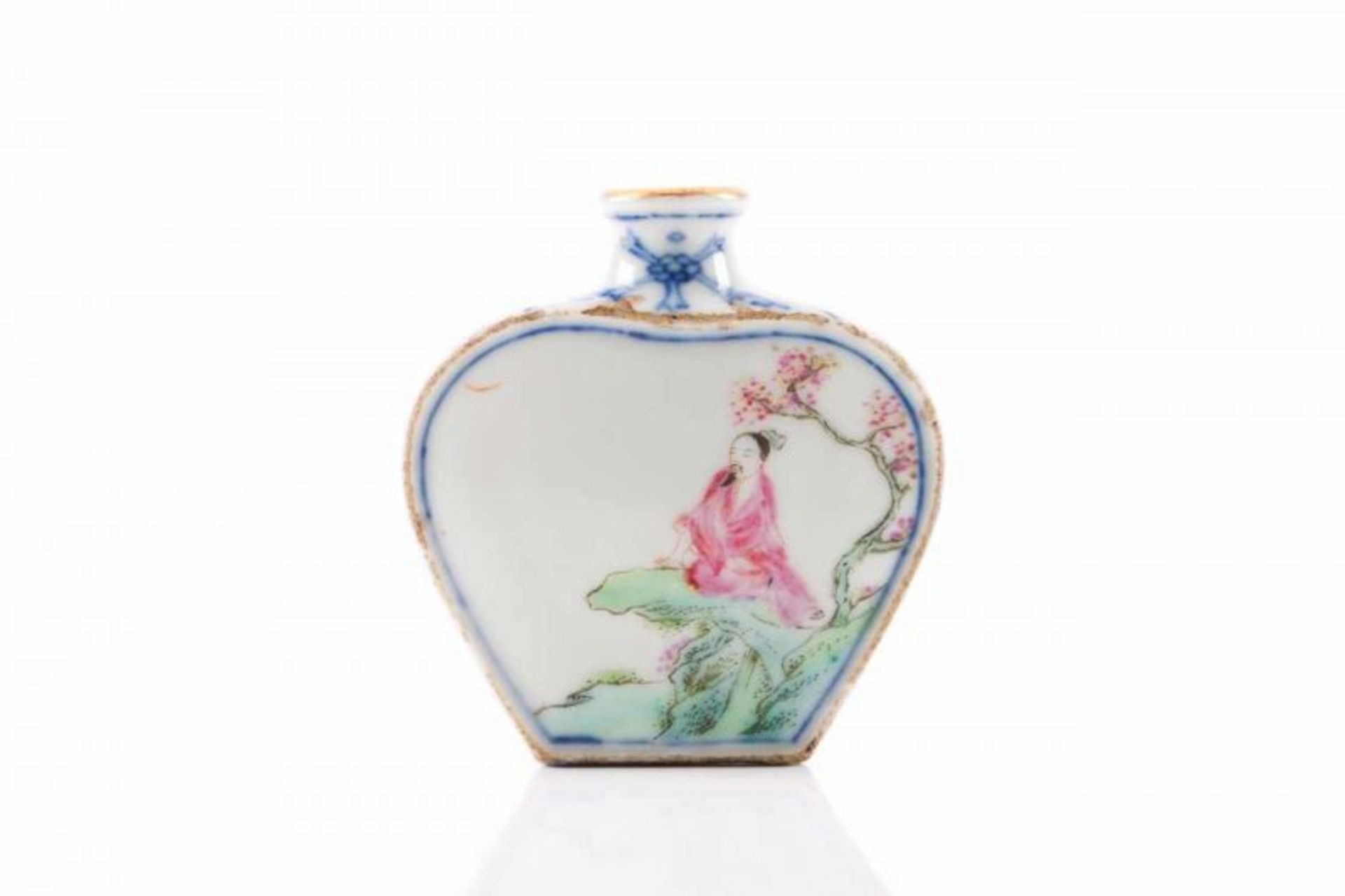 Snuff-bottle Chinese porcelain Polychome Famille Rose decoration one side depicting landscape with - Image 2 of 3