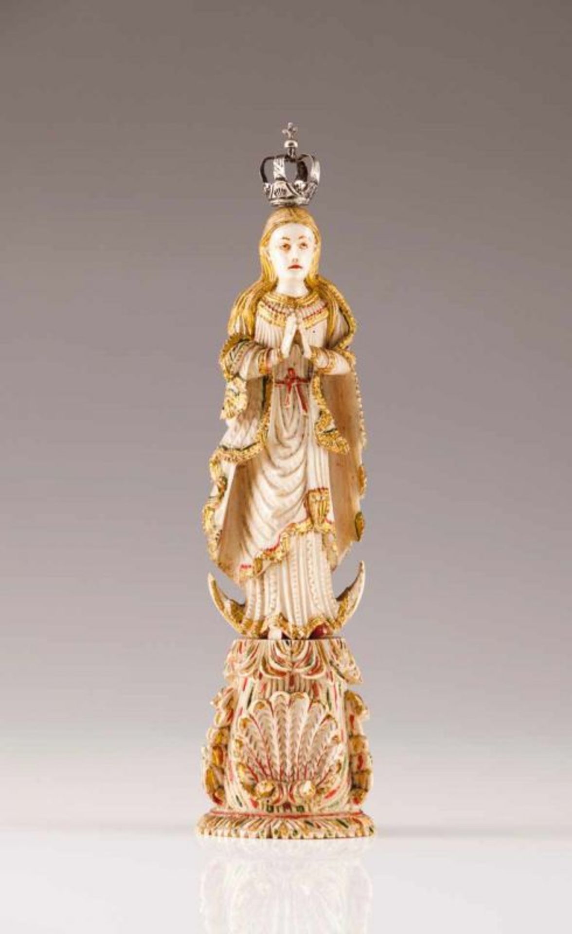 Our Lady of the Conception Ivory Indo-Portuguese sculpture with traces of polychromy and gilding