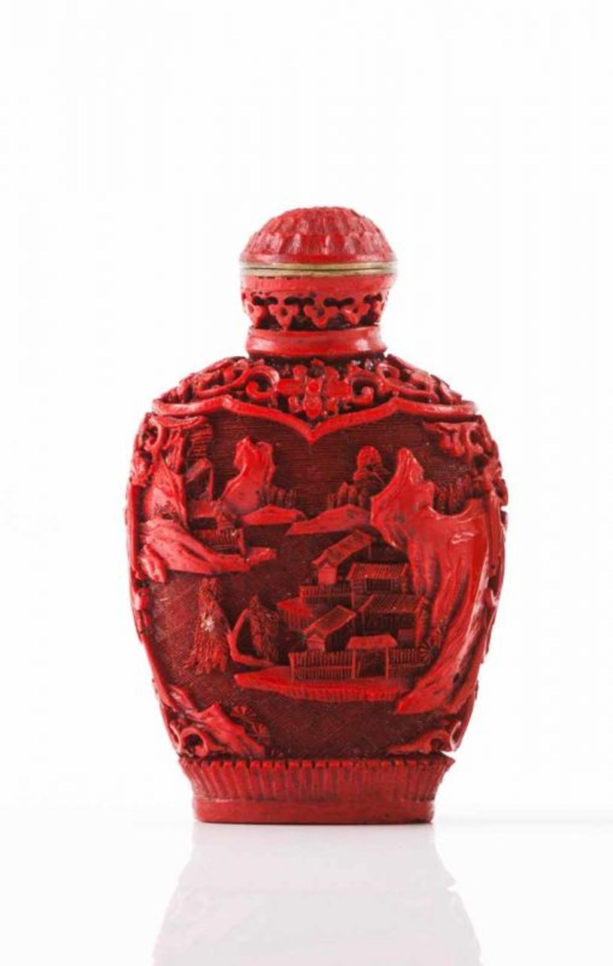 Snuff-bottle Cinnabar red lacquer Carved decoration representing riverscape with montains and