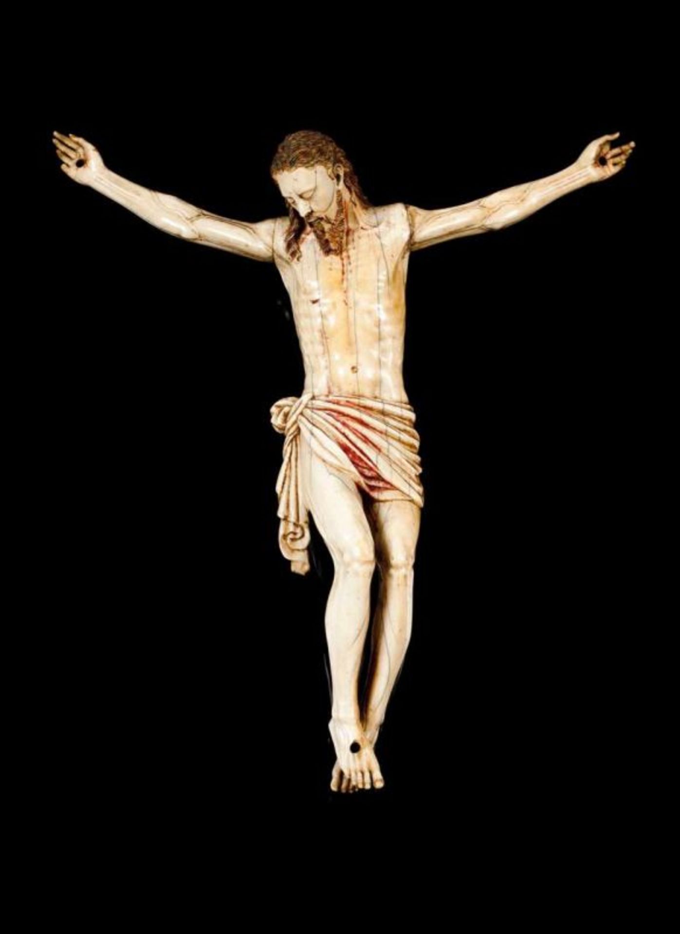 Crucified Christ Ivory Indo-Portuguese sculpture with traces of polychromy and gilding 18th century