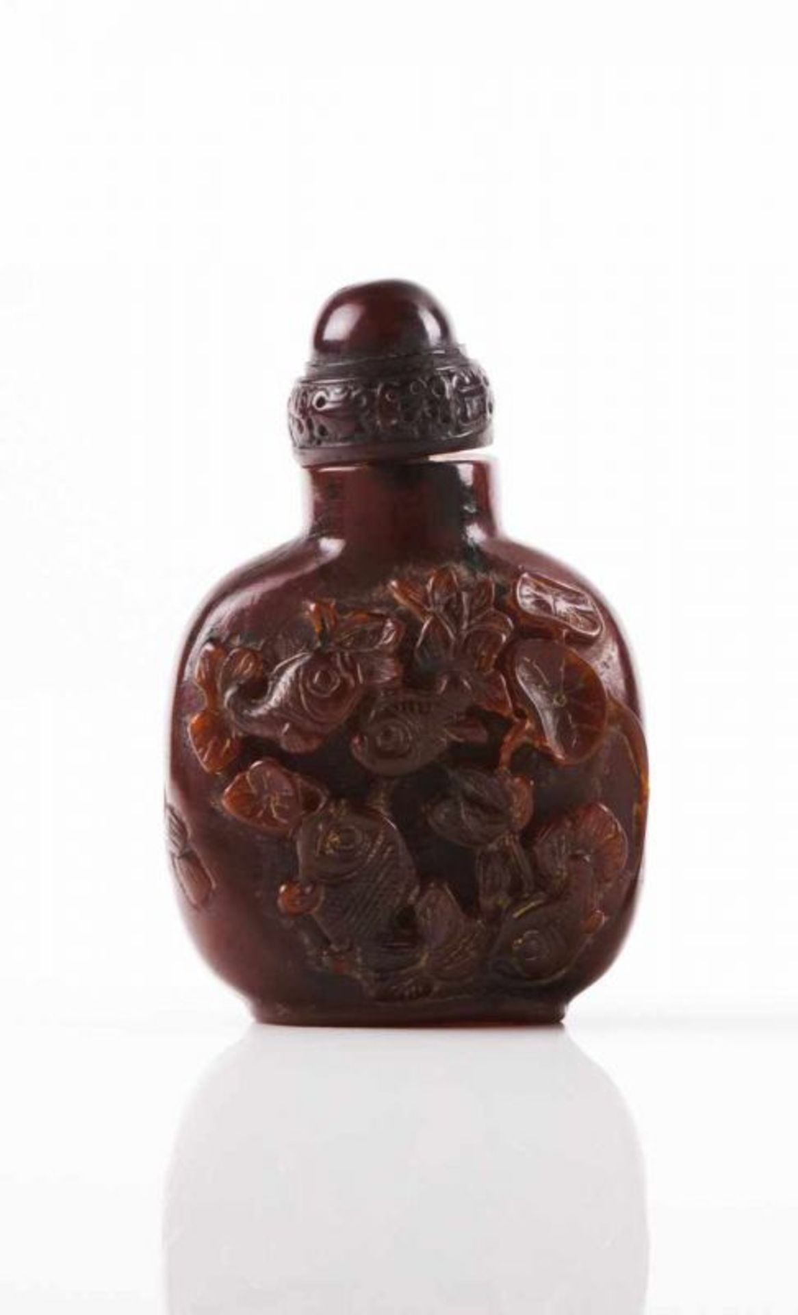 Snuff-bottle Amber Carved decoration depicting fishes and water lilies Chinese symbols China, Qing