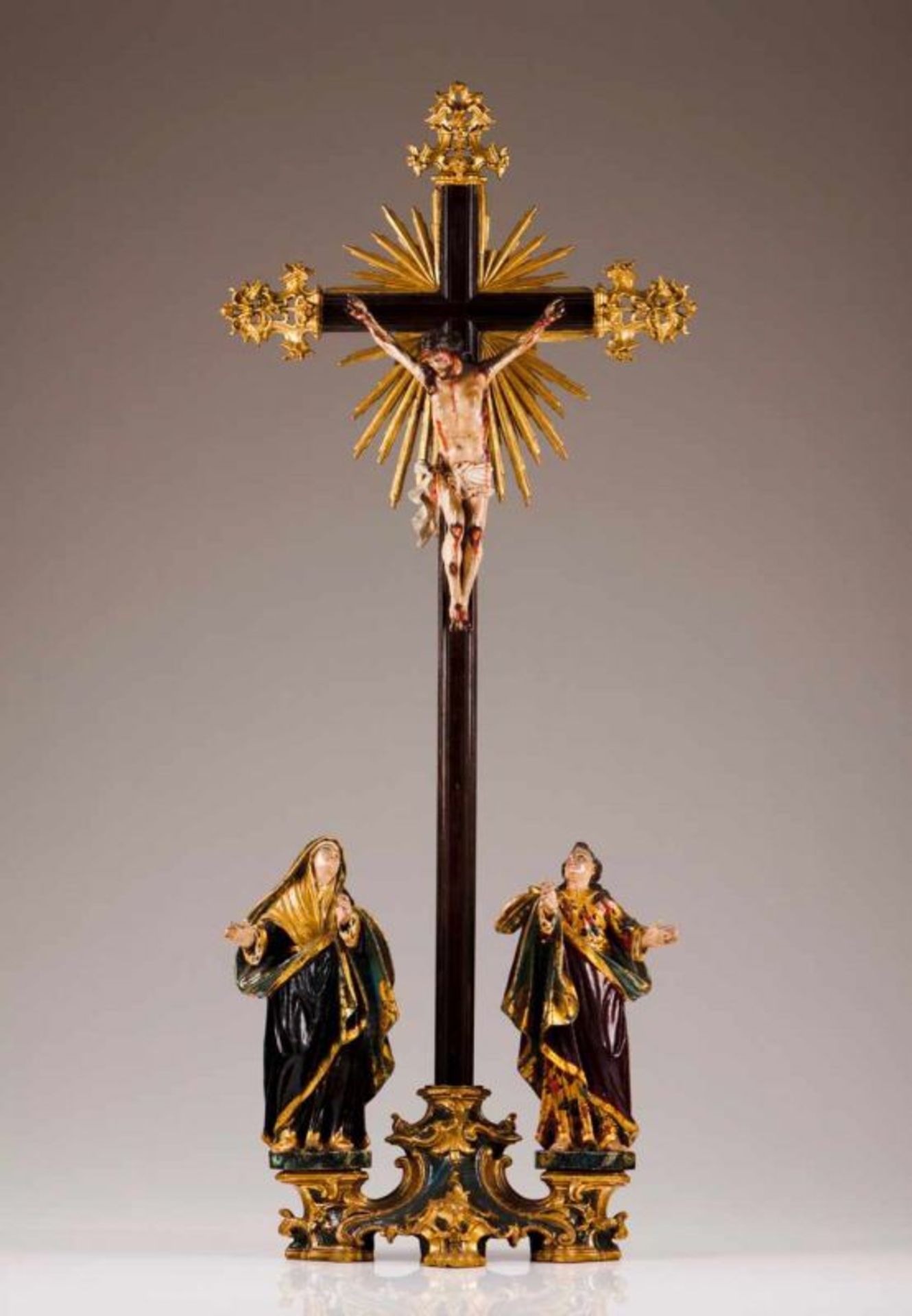 Calvary Polychrome and gilt wood group sculpture representing crucified Christ, Our Lady and Saint