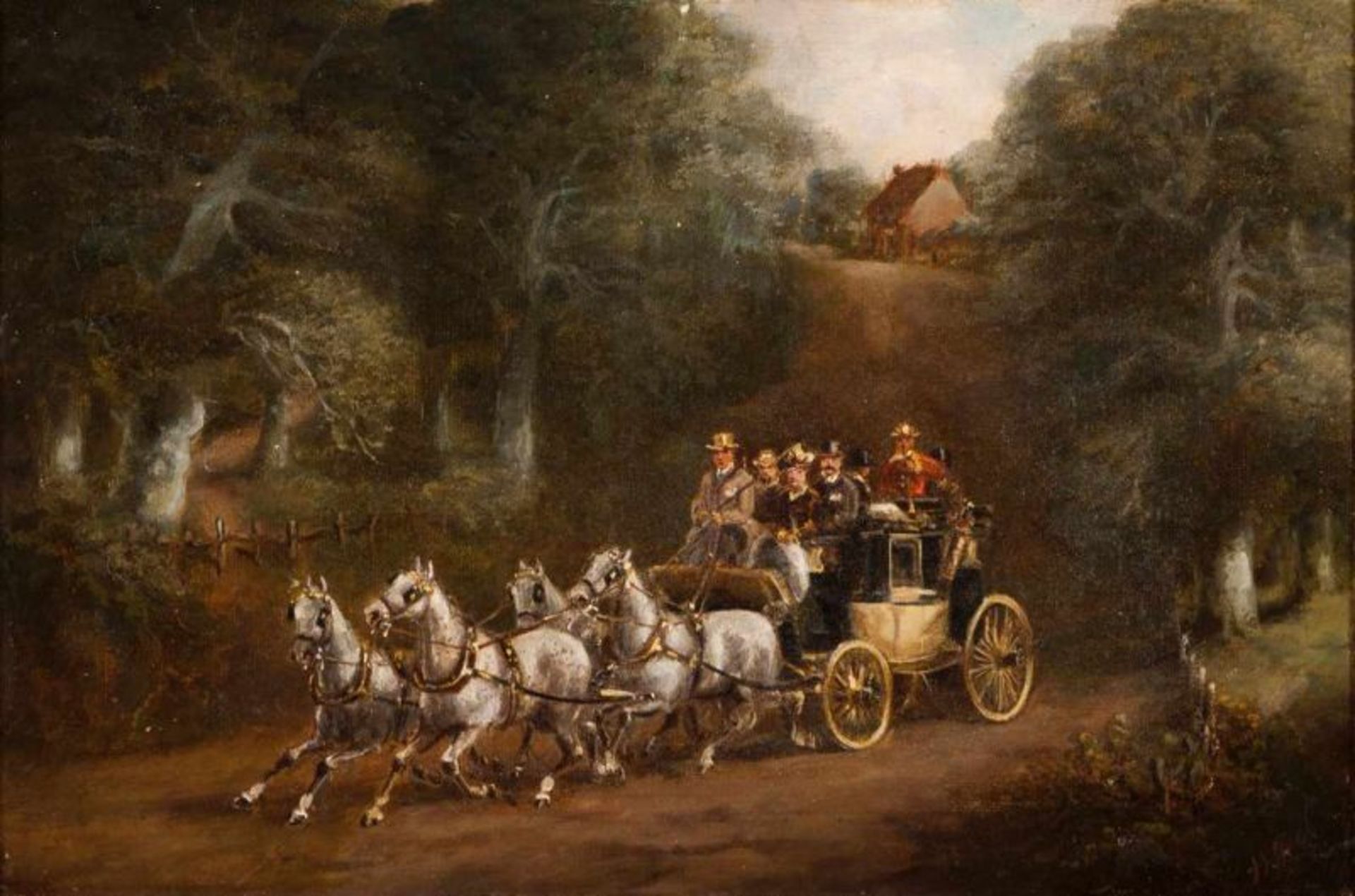 H. F. Jones (Inglaterra, séc. XIX) A set of four oils on canvas Landscapes with carriages and horse - Image 3 of 4