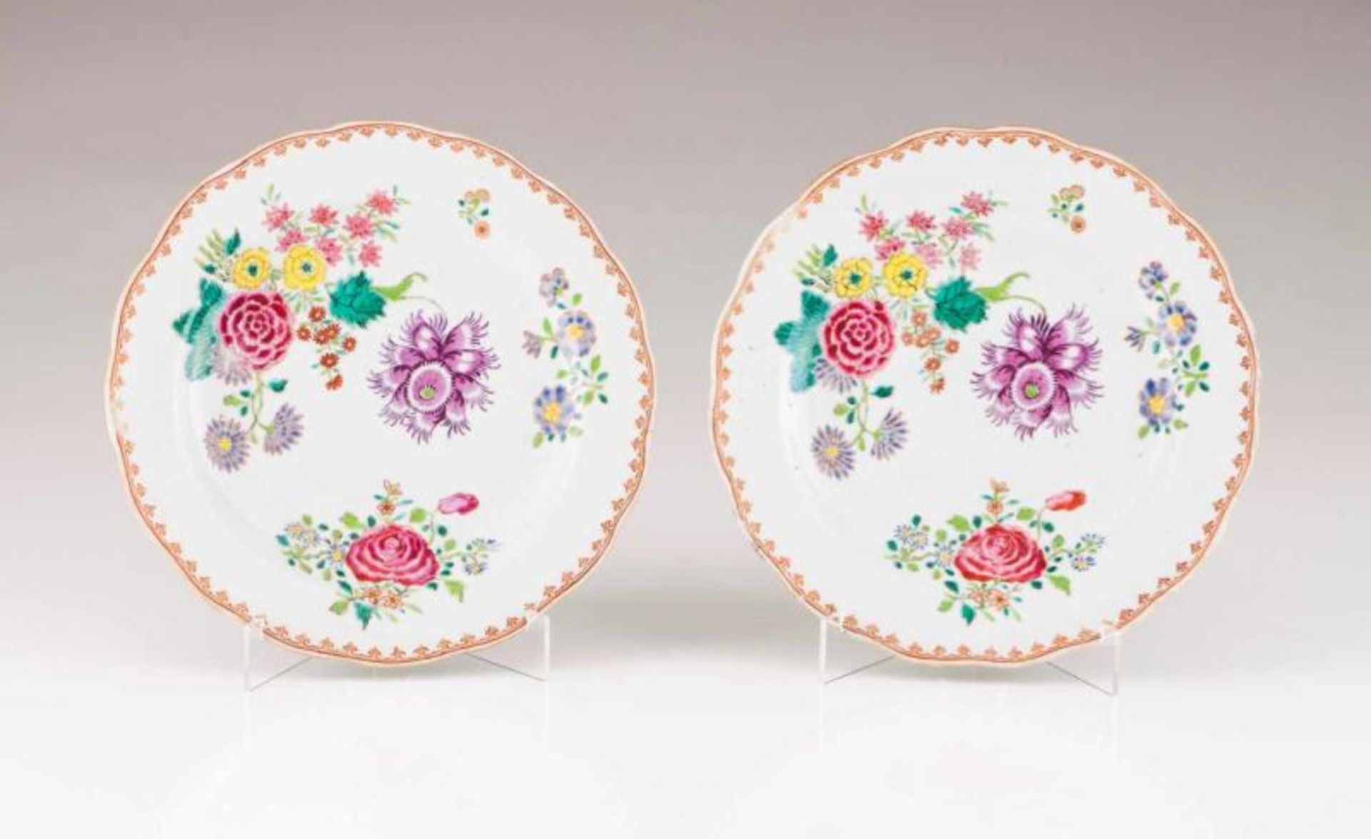 A pair of scalloped plates Chinese export porcelain Polychrome Famille Rose decoration depicting