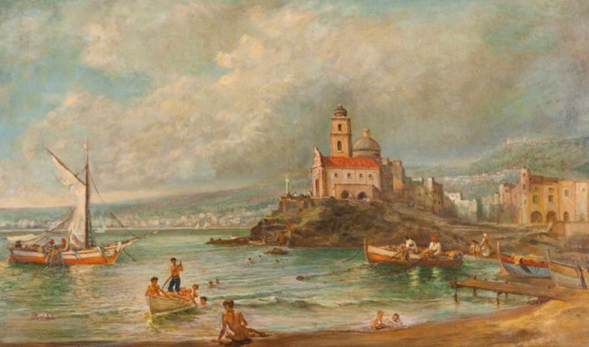 Eduardo Monteforte (Itália, 1849-1933) View of Naples Oil on canvas Signed 60x99 cm