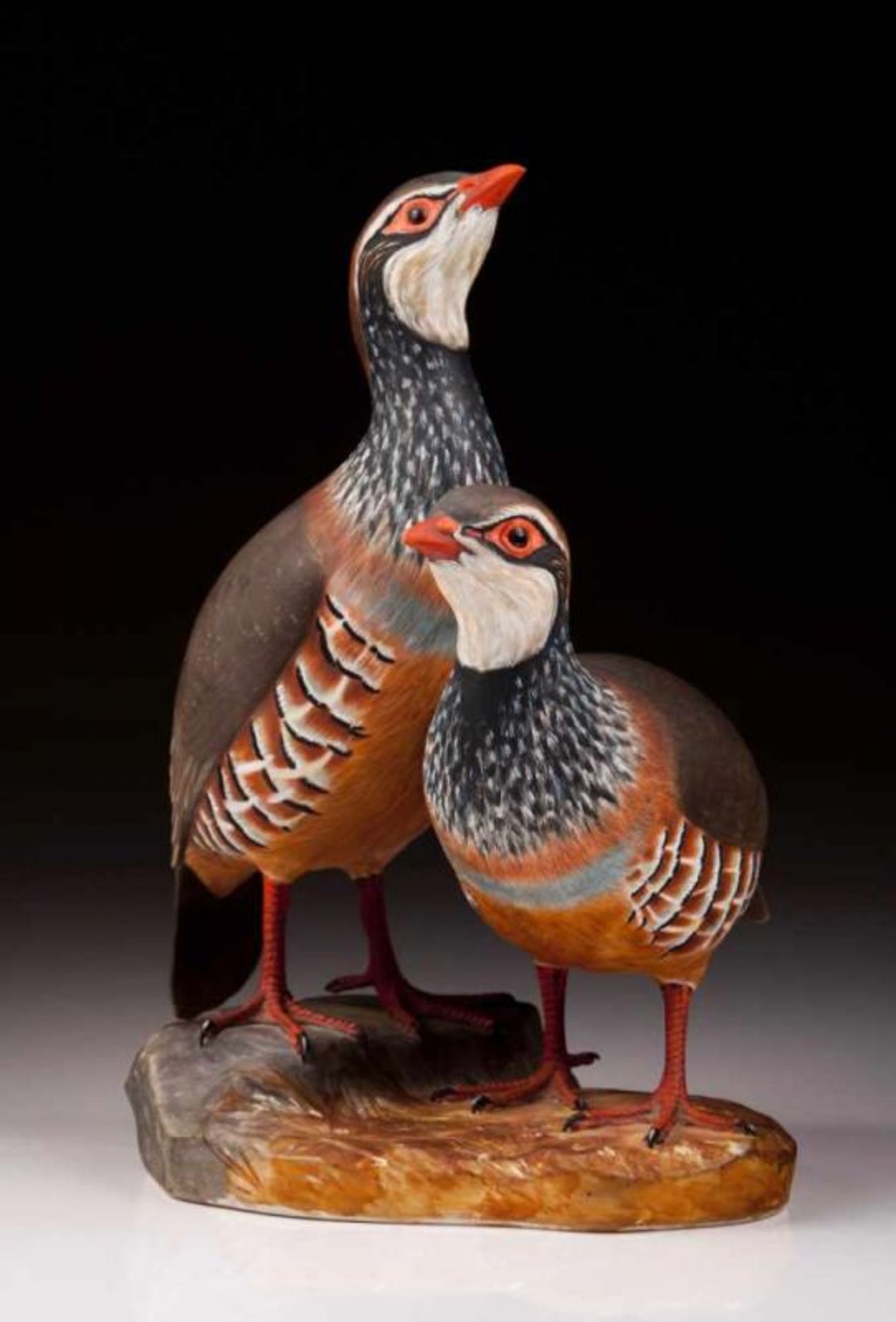Couple of Partridges Molded biscuit decorated in relief and handpainted by Carlos Calisto, Vista