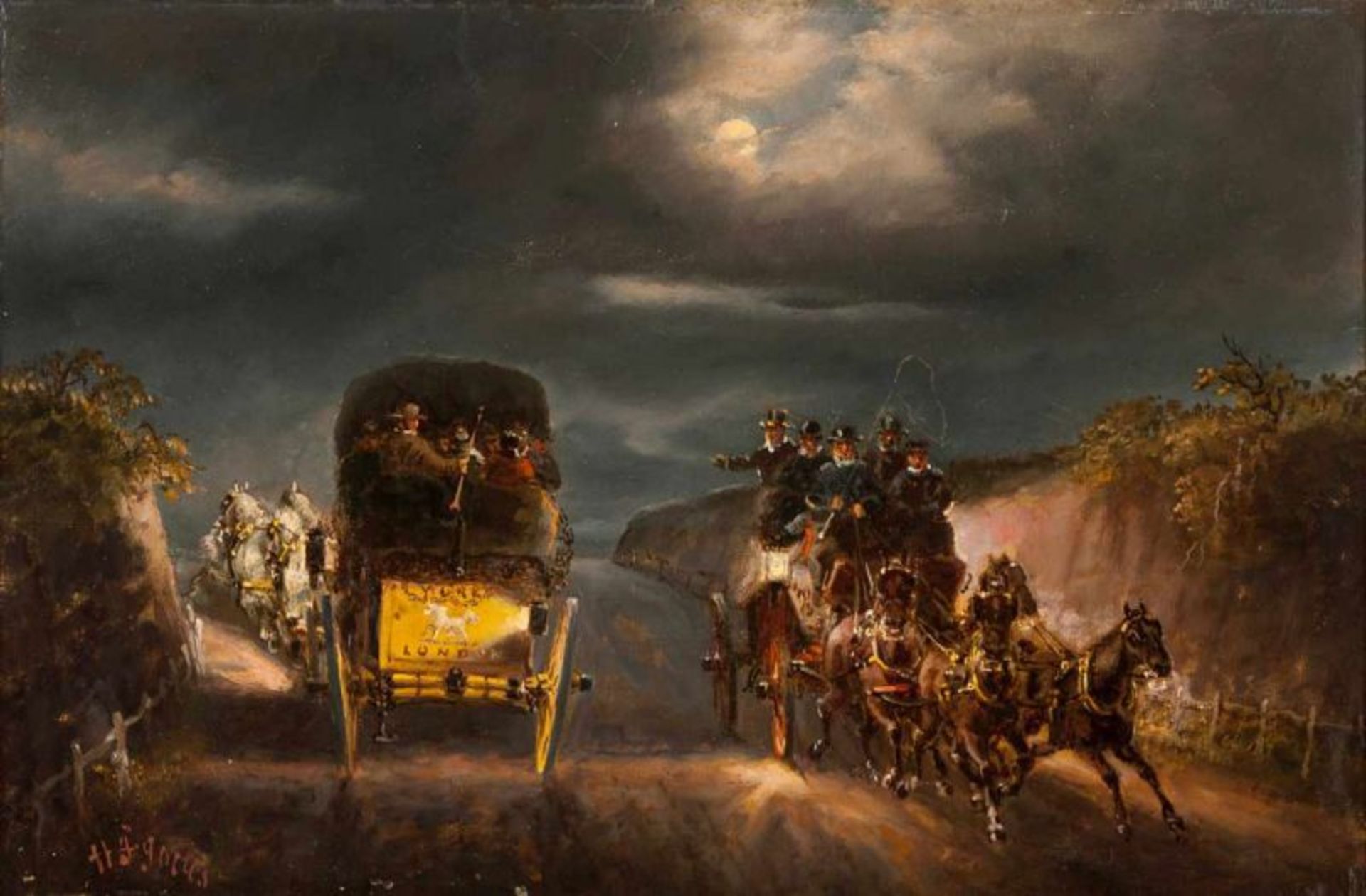 H. F. Jones (Inglaterra, séc. XIX) A set of four oils on canvas Landscapes with carriages and horse - Image 4 of 4