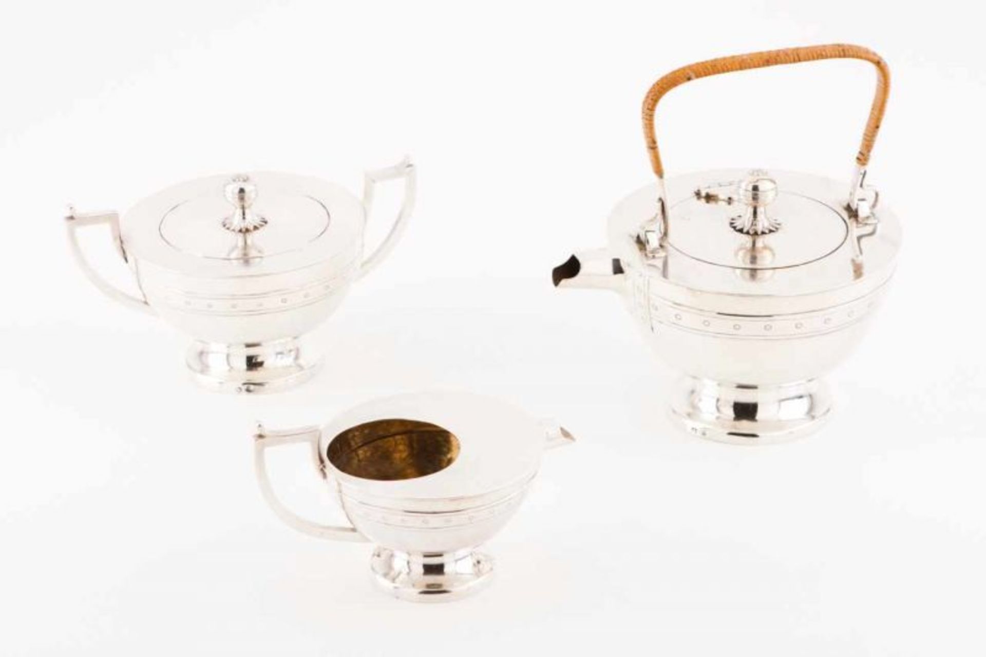 An unusual Art Deco tea set Portuguese silver Geometric design in the Bauhaus manner Handles with
