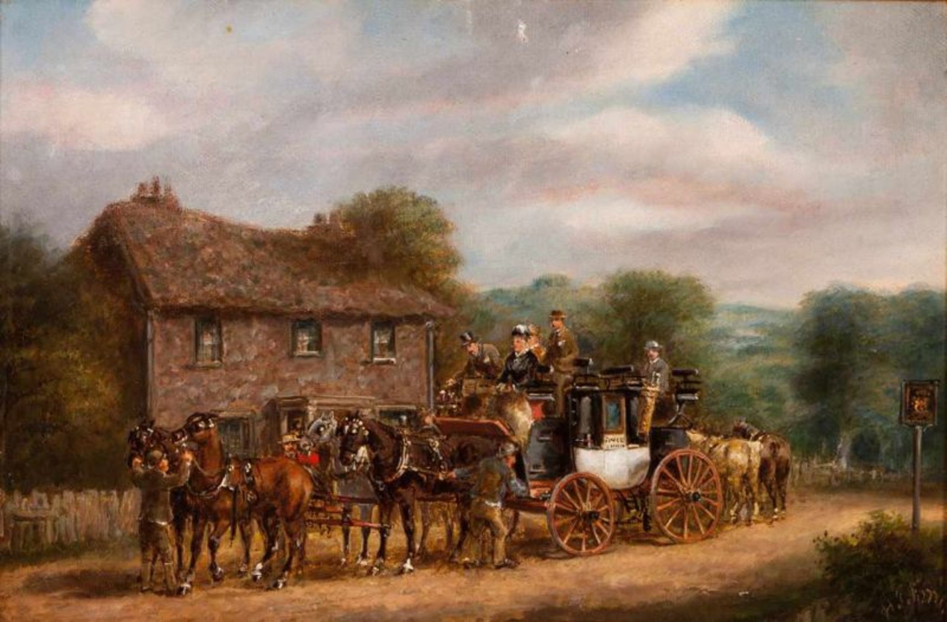 H. F. Jones (Inglaterra, séc. XIX) A set of four oils on canvas Landscapes with carriages and horse