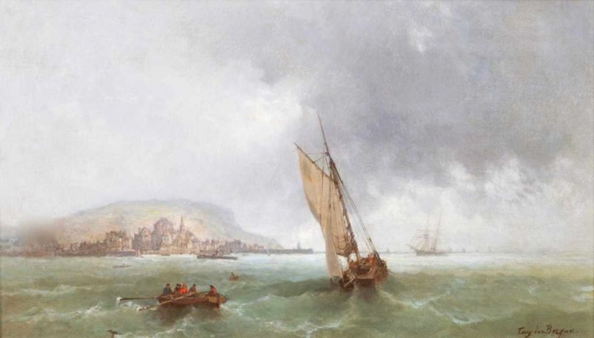 Tony de Bergue (1820-1890) Seascape Oil on canvas Signed 34x59 cm