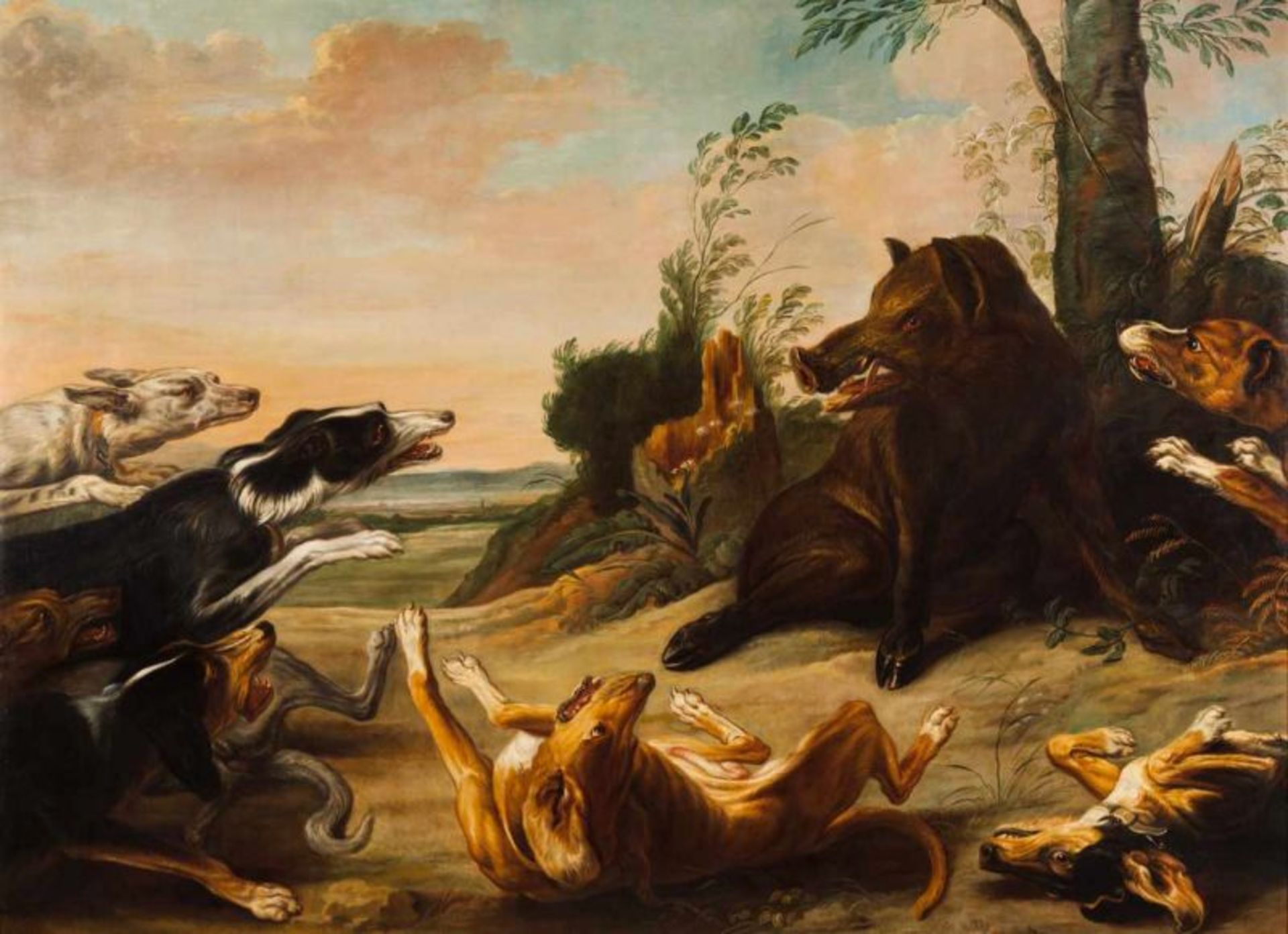 Seguidor de Paul de Vos (1591-1678), séc. XVII Wild boar attacked by hunting dogs Oil on canvas (