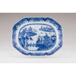 An octagonal dish Chinese export porcelain Blue underglaze decoration depicting riverscape Qianlong