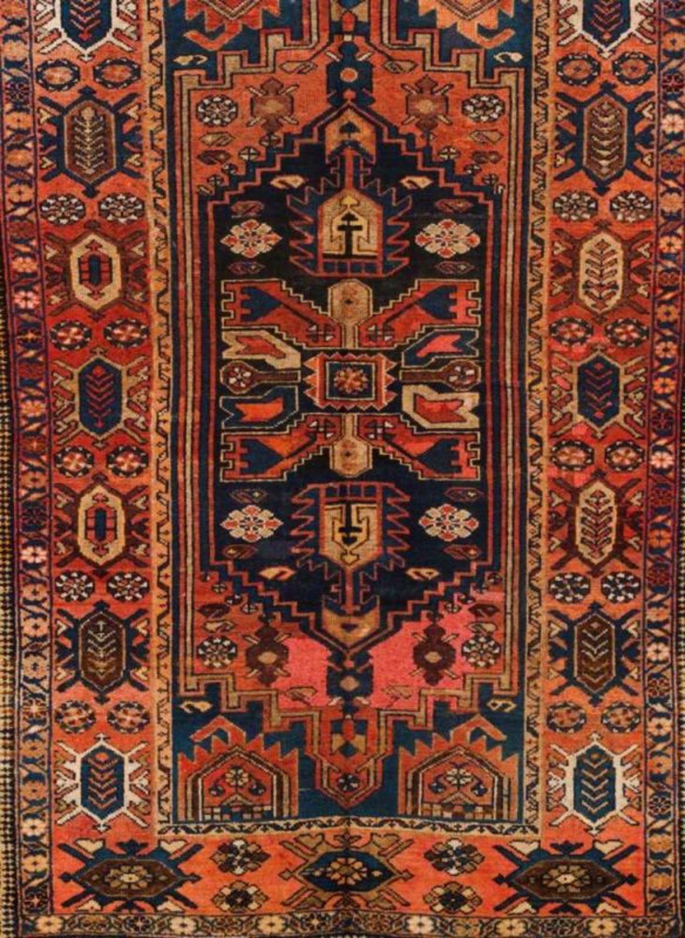 A Malayer carpet, Iran Cotton and wool Geometric decoration in salmon-pink, blue and beige 200x130